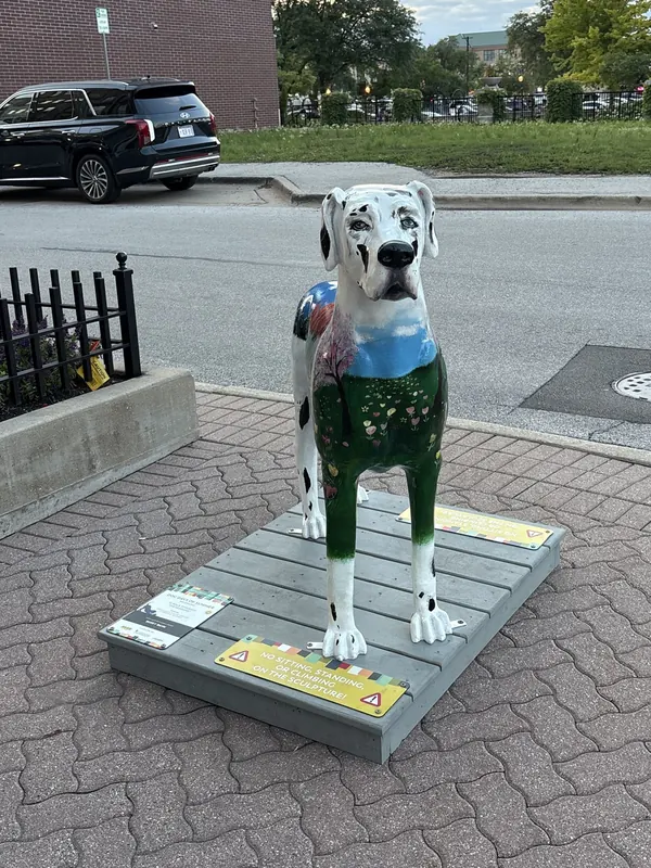 The painted Dalmatian statue in downtown Naperville