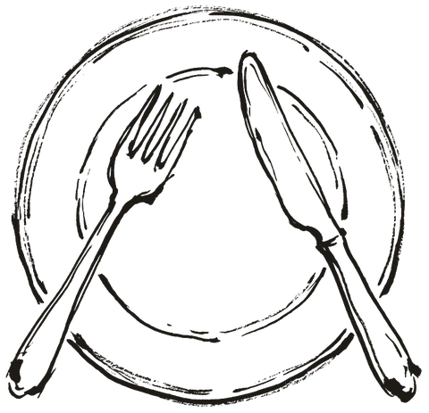 A drawing of a plate with a fork and knife